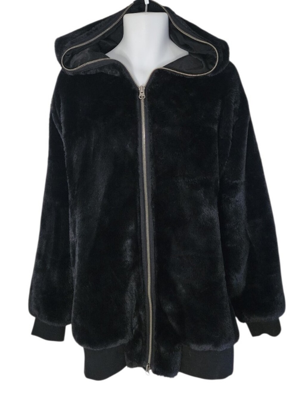 Free People Oversized Black Faux Fur Hooded Zip Jacket XL - Picture 3 of 10